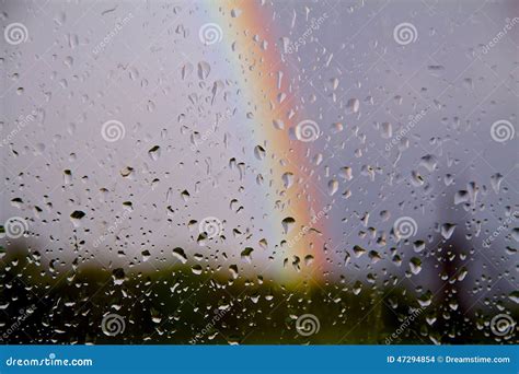Rain Drops On Gladd With Rainbow In Sky Stock Photo Image Of Grey