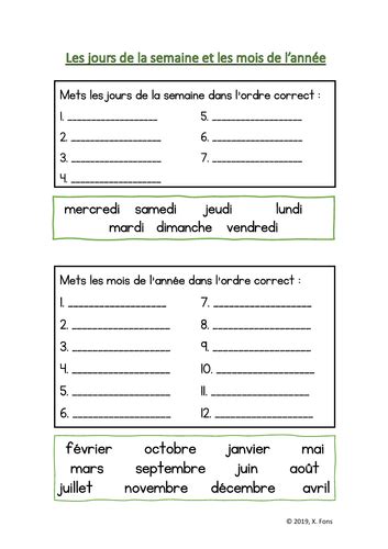 Months And Days In French Worksheet 7b5