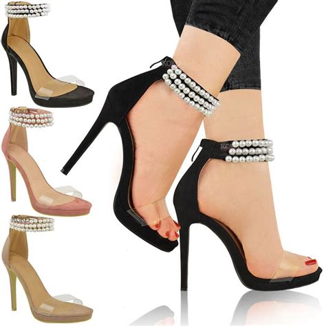 Womens Ladies Platform High Heel Sandals Pearl Diamante Strappy Perspex