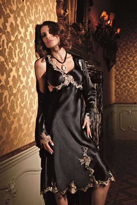 Black Satin Nightdress With Lacy Beiege Trim