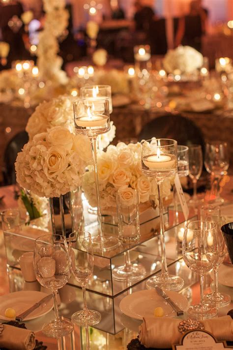 Tall Candle Votives White Roses And Mirrored Stands For