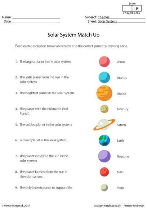 Uk Solar System Match Up Worksheet Solar System