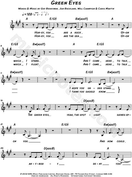 Coldplay Green Eyes Sheet Music Leadsheet In A Major Download