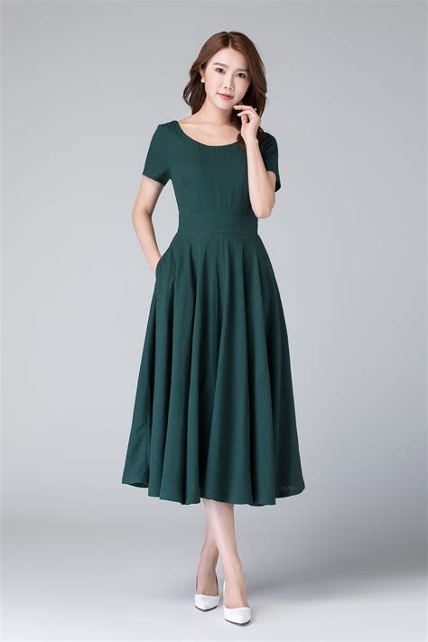 women s linen swing dress with the pockets 50s green etsy uk short sleeve dresses green