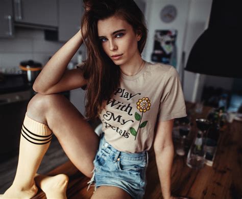 Wallpaper Women Brunette Sitting T Shirt Jean Shorts Stockings