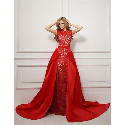 New Arrival Detachable Train Mermaid Red Prom Dresses Lace Evening