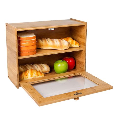 Indressme Bamboo 2 Layer Large Capacity Bread Box Countertop Bread