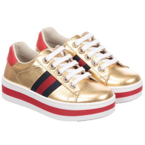 Gucci Girls Gold Leather Platform Trainers In 2022 Girls Shoes Kids