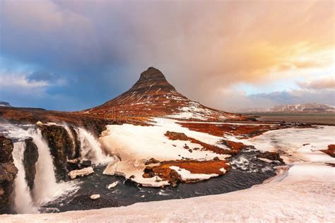 Famous Mountain With Waterfalls In Iceland Kirkjufell Winter In