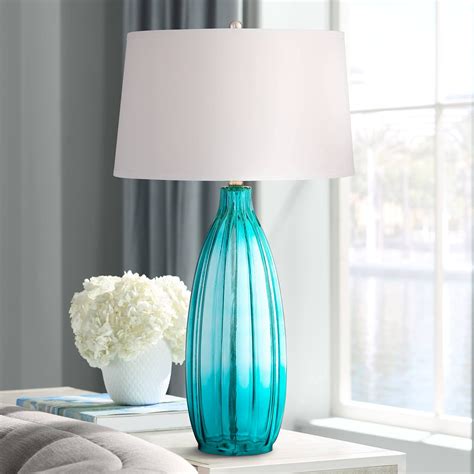 Buy 360 Lighting Stella Modern Coastal Table Lamp 30 Tall Fluted Blue Ribbed Glass White