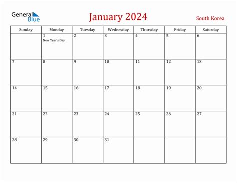 January 2024 South Korea Monthly Calendar With Holidays