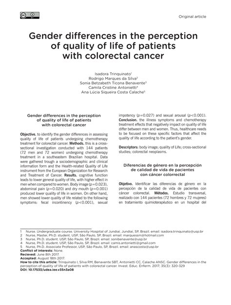 pdf gender differences in the perception of quality of life of patients with colorectal cancer