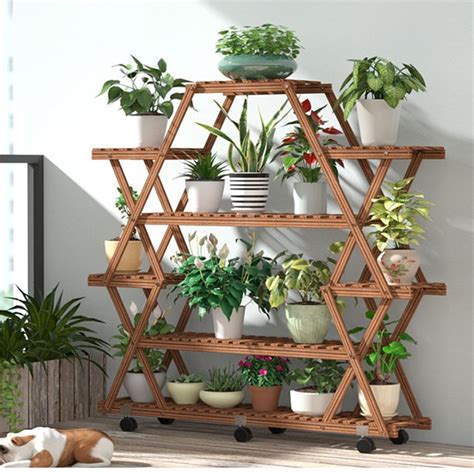 The 3 tier bamboo flower pot shelf is perfect for your outdoor space. Wooden Plant Stand Shelf 6-Tier Shelves with Wheels Flower ...