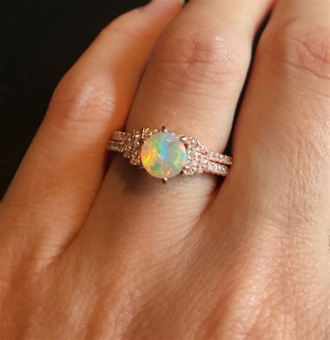 Natural Opal Bridal 2 Ring Set Genuine Opal Engagement 2 Rings Round