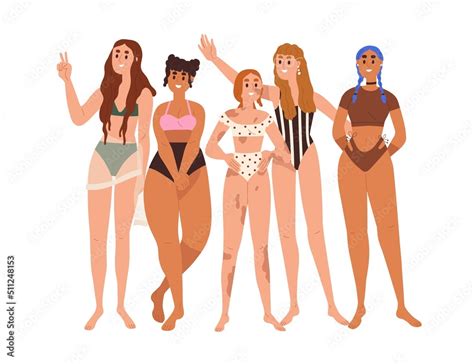 Diverse Body Positive Women Group Different Happy Girls In Swimwear
