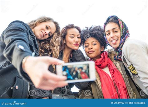 Multiracial Group Of Friends Taking Selfie Stock Photo Image