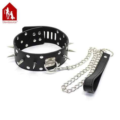 Davidsource Studed Spiked Leather Strap Collar With Metal Chain Rope