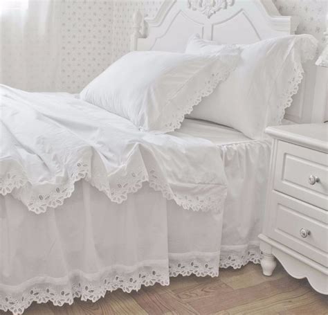 cotton solid color korean satin princess ruffle bed skirt set white