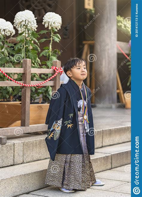 Five Year Old Japanese Child Boy In Kimono For Celebrate Shichi Go San