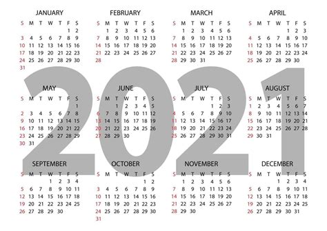 Calendario 2021 Año La Semana Comienza El Domingo Plantilla De