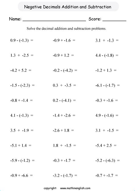 Adding And Subtracting Decimals Positive And Negative Numbers Worksheet