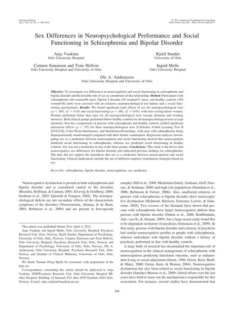 pdf sex differences in neuropsychological performance and social functioning in schizophrenia