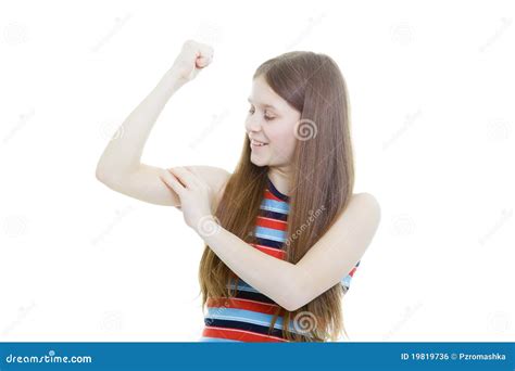 Smiling Teenage Girl Measures Her Biceps Stock Photo Image Of