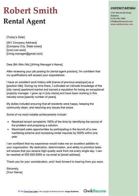 Rental Agent Cover Letter Examples Qwikresume