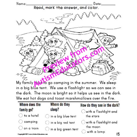 Autism Reading Comprehension Worksheets With Data For Early Readers