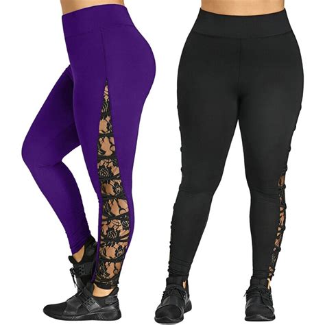 Women High Waist Lace Plus Size Yoga Pants Workout Gym Running Bottom