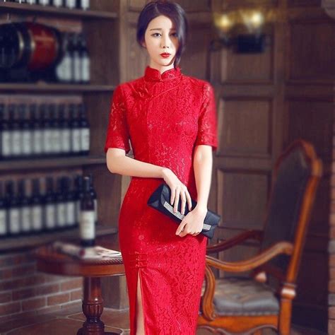 Buy Chinese Red Lace Half Sleeve Cheongsam Qipao