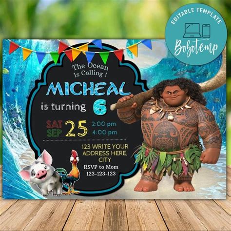Editable Maui Moana Birthday Invitation Instant Download Bobotemp