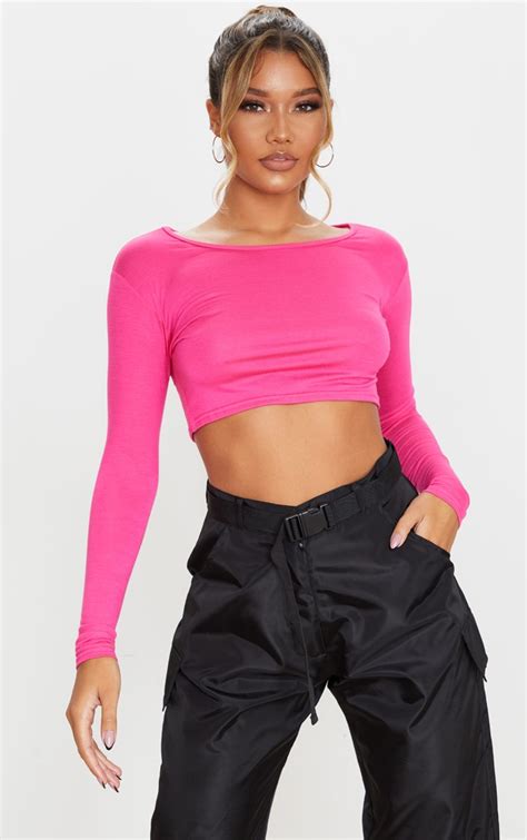 Hot Pink Jersey Crop Top Tops Prettylittlething Ie