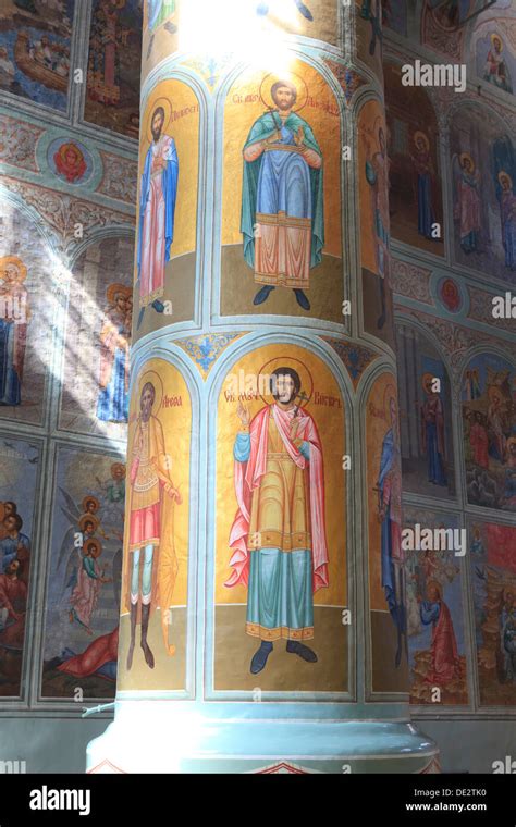 Pillar Covered With Hand Painted Saints Inside The Assumption Cathedral