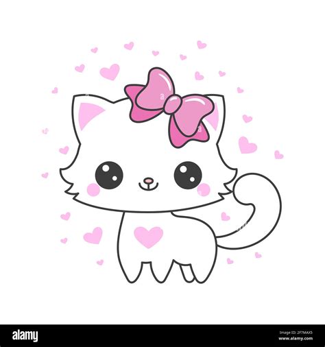 Cute Cartoon White Kitten With A Bow Childrens Design Vector Stock