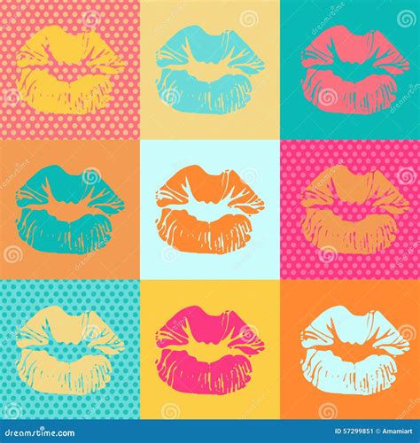 Colorful Texture With Kisses Pop Art Lips Stock Vector Illustration