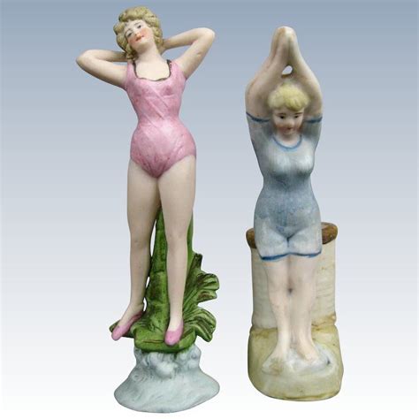 Two Antique German Bisque Standing Bathing Beauty Dolls Figures Figurines Bathing Beauties