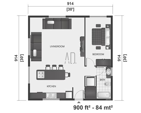 30x30 House Plan Small Home Plan 1 Bedroom 1 Bath Floor Plan Tiny
