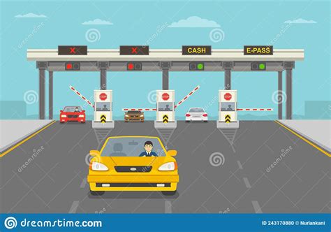 Cars Passing Through Checkpoint To Pay Road Toll At Highway Stock