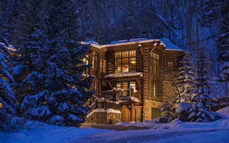 Wooden House In Winter Forest In Colorado United States Wallpapers And
