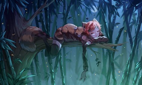Wallpaper Fantasy Girl Digital Art Forest Cat Ears Redhead Bamboo Cat Tail Butterfly