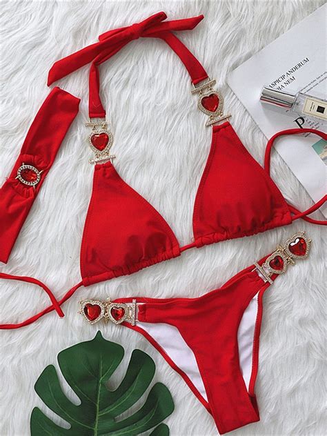 Sexy Rhinestones Bikini 2022 Mujer Women Solid Red Glitter Diamond Thong Swimwear Metal Chain