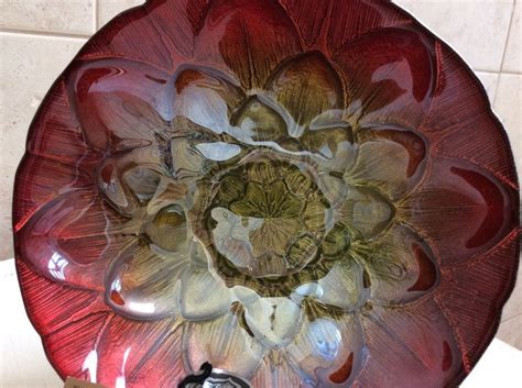 Decorative Glass Plate Handmade In Turkey Deep Red With Green Flower