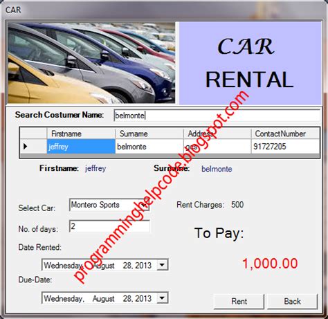 Maybe you would like to learn more about one of these? Programming Help Code: Car Rental Sample Program Using Vb ...