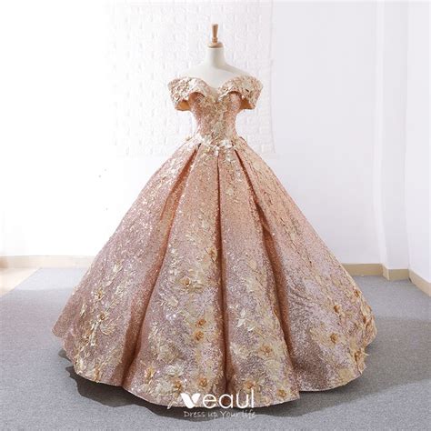 Sparkly Rose Gold Dancing Prom Dresses 2020 Ball Gown Off The Shoulder