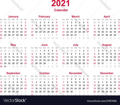 Here is our list of 2021 monthly calendars for you. Calendar 2021 - 12 months yearly calendar Vector Image