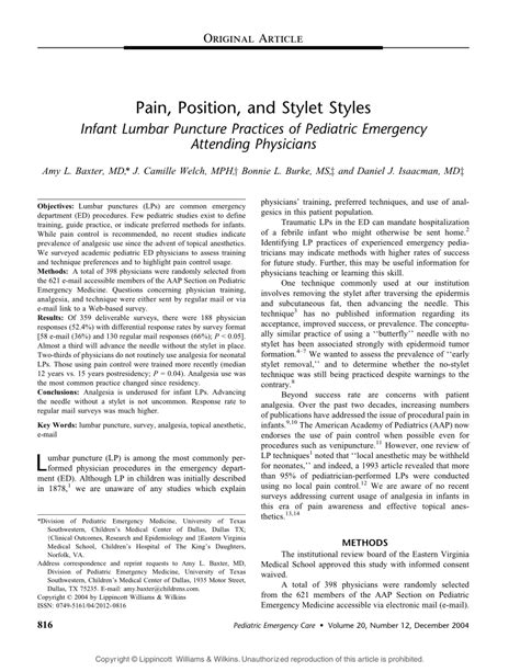 Pdf Pain Position And Stylet Styles Infant Lumbar Puncture