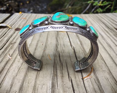 Navajo Blue Gem Turquoise Cuff Bracelet Circa 1940s Five Stone Vintage