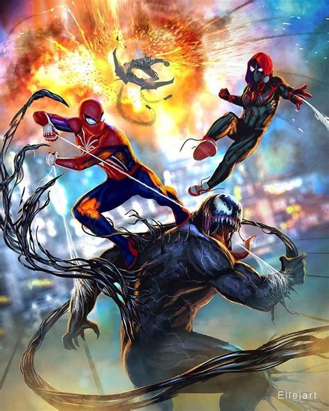 Spider Man And Miles Morales Vs Venom By Ellejart Marvel Comics