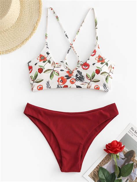 31 Off 2021 Zaful Ribbed Flower Print Lace Up Cheeky Bikini Swimwear